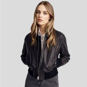 NYC Cropped Black Leather Bomber Jacket